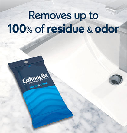 Cottonelle® Fresh Care Flushable Wipes removes up to 100% of residue & odor Carousal