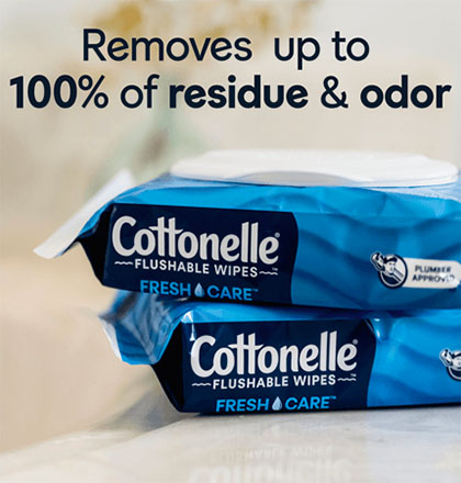 Cottonelle® Fresh Care Flushable Wipes removes up to 100% of residue & odor Carousal